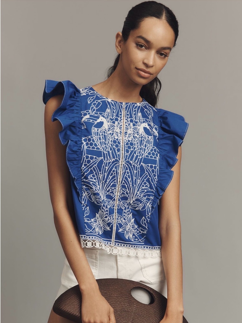Anthropologie Royal Blue Embroidered Ruffle-Sleeve tank